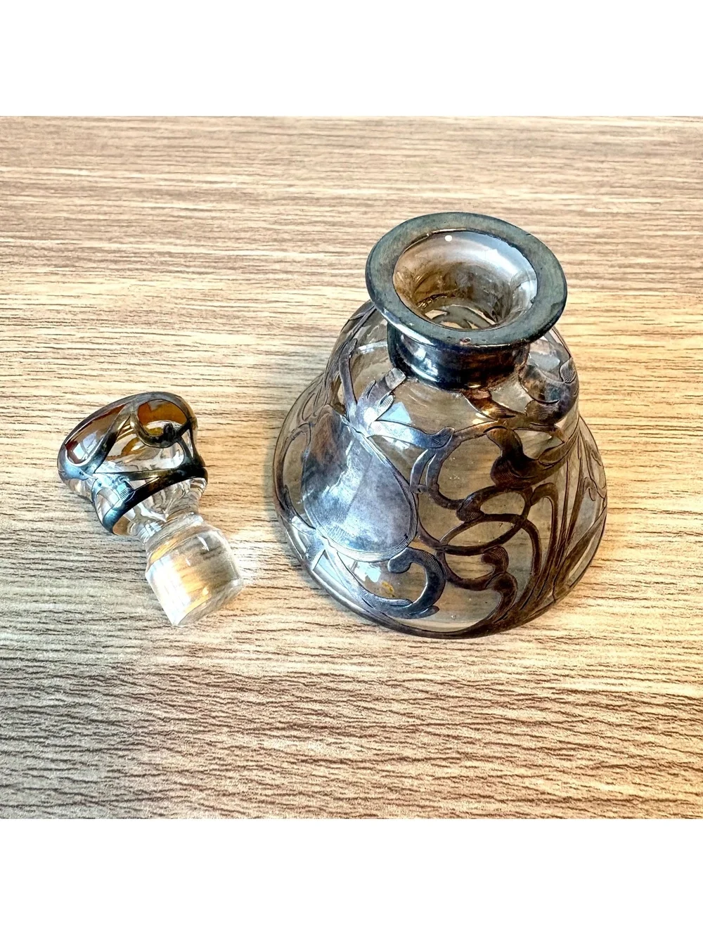 Antique 999 Fine Silver Overlay Perfume Bottle Decanter Glass Stopper